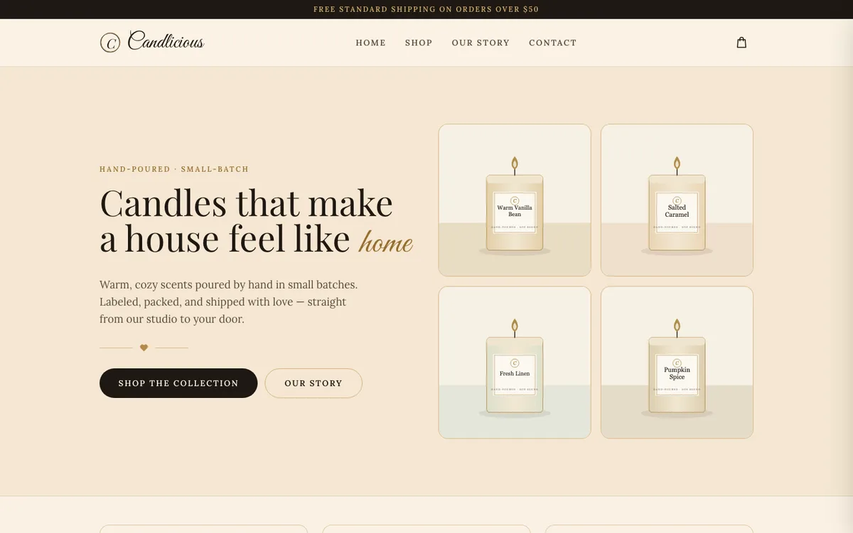 Candlicious demo website — hand-poured candle online store
