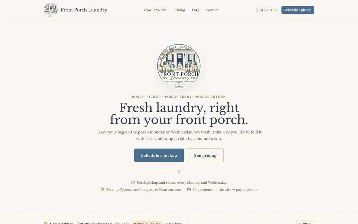 Front Porch Laundry demo website — laundry pickup service